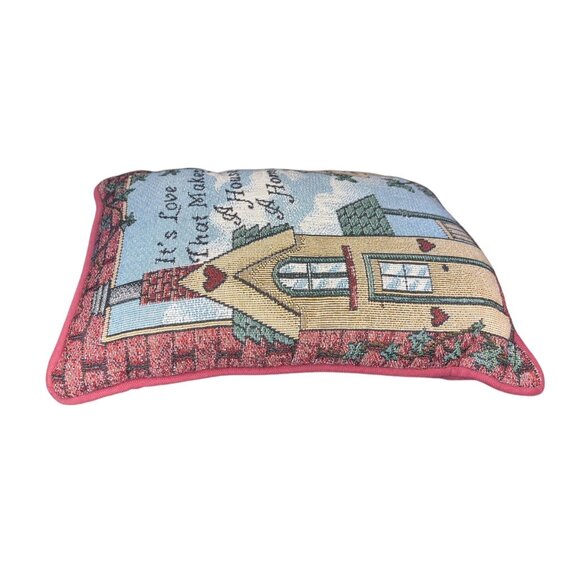 Vtg Tapestry Throw Pillow Birdhouse Hearts Cottagecore 11" x 8" - Picture 5 of 6